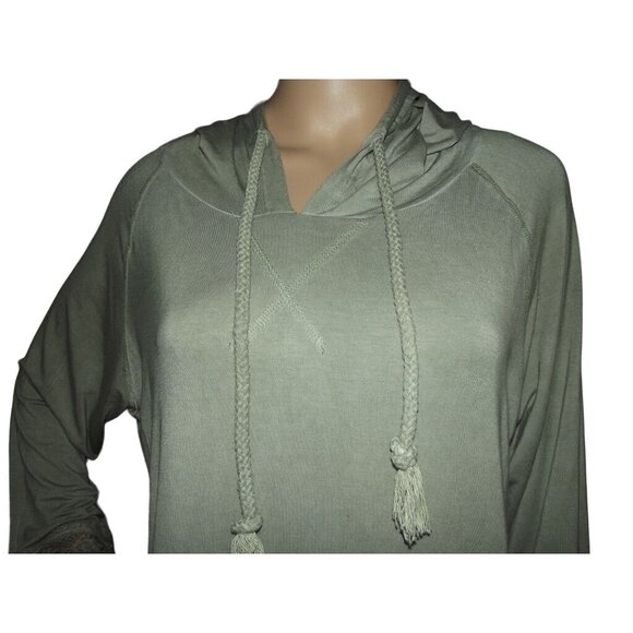 POL Hoodie Top Womens Medium Sage Green Crocheted Rope Drawstring Hooded shirt - Picture 3 of 11